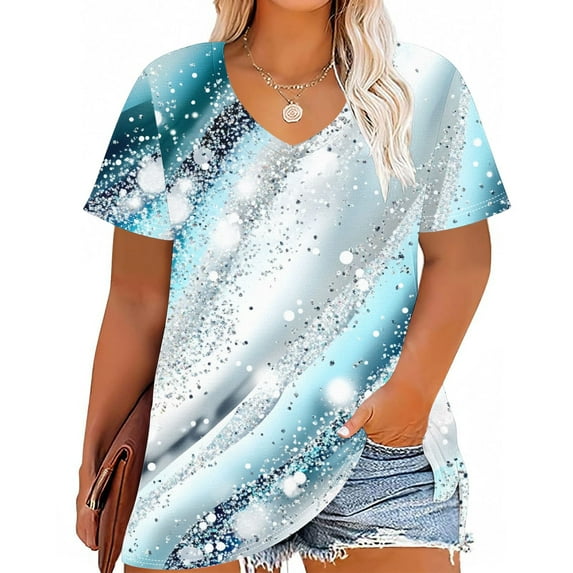 QUNYINEY Casual Women's Shirts Vintage Short Sleeve V Neck Tops Going Out Pullover Plus Size Loose Shirts