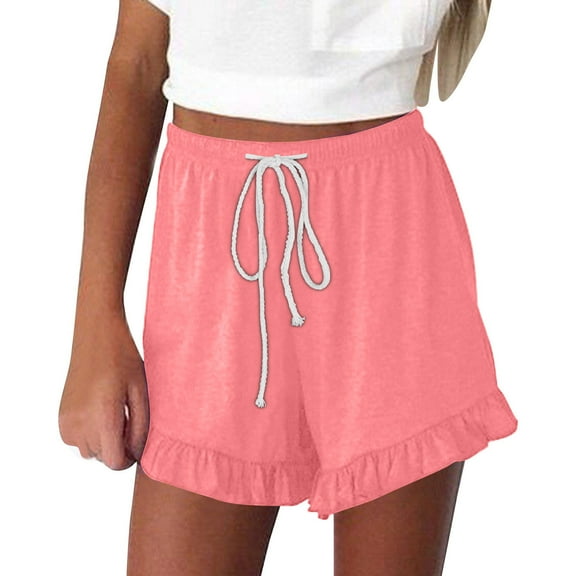 QUNYINEY Casual Women's Shorts Elastic Waist Solid Running Shorts Summer Ruffle Drawstring Loose Shorts