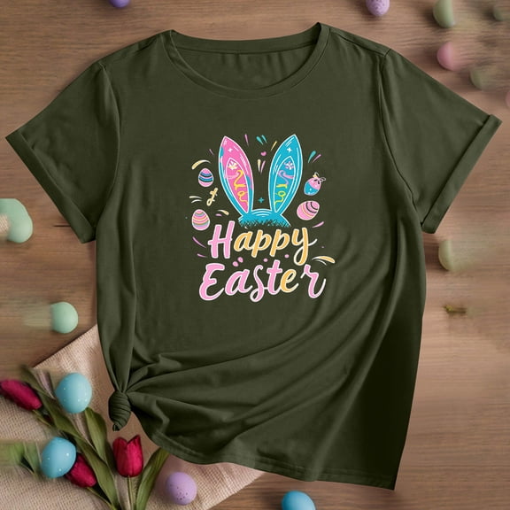 QUNYINEY Casual Women's T-Shirts Easter Crew Neck Pullover Short Sleeve Tops Loose Women's Tops