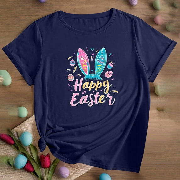 QUNYINEY Casual Women's T-Shirts Easter Pullover Short Sleeve Crew Neck Tops Loose Tops for Women Trendy