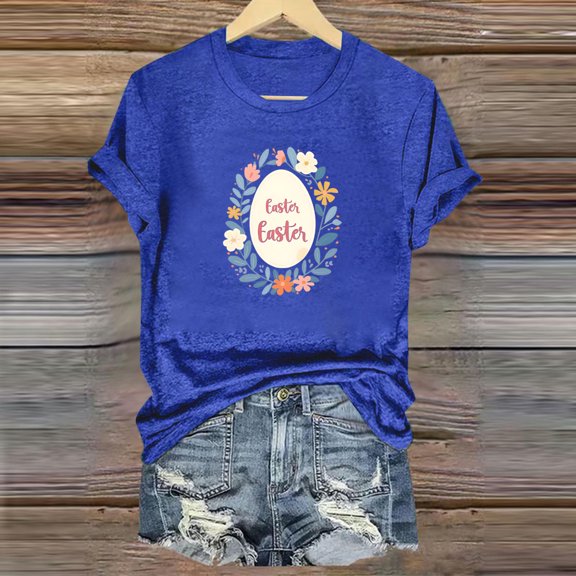 QUNYINEY Casual Women's T-Shirts Pullover Crew Neck Easter Short Sleeve Tops Loose Summer Tops for Women
