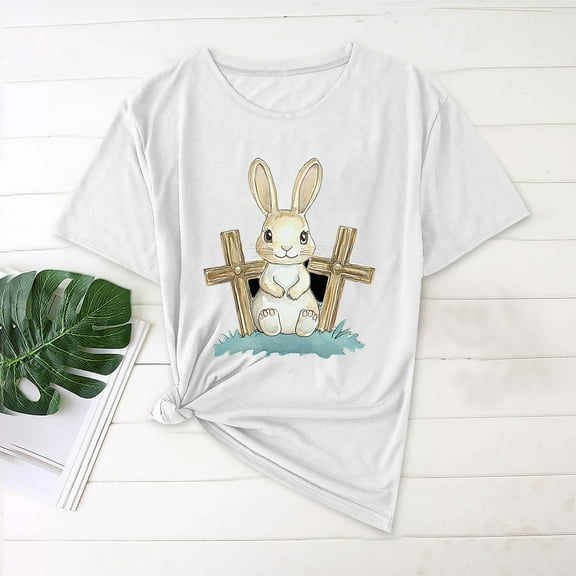 QUNYINEY Casual Women's T-Shirts Pullover Short Sleeve Crew Neck Easter Tops Loose Tops for Women Trendy