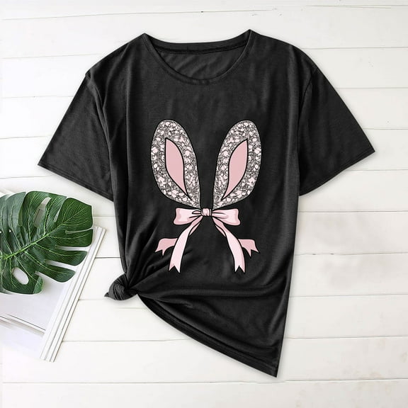 QUNYINEY Casual Women's T-Shirts Pullover Short Sleeve Crew Neck Easter Tops Loose Tops for Women