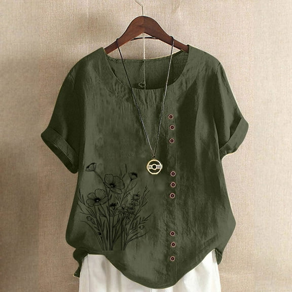 QUNYINEY Casual Women's T-Shirts Pullover Short Sleeve Floral Crew Neck Tops Loose Button Linen Spring Tops for Women