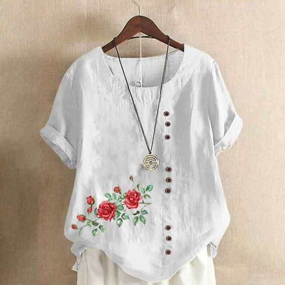 QUNYINEY Casual Women's T-Shirts Short Sleeve Floral Crew Neck Pullover Tops Button Loose Linen Womens Tops