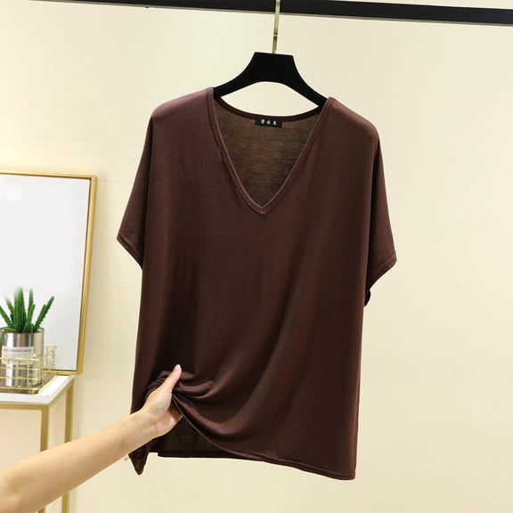 QUNYINEY Casual Women's T Shirts V Neck Short Sleeve Solid Tops Soft Loose Pullover Shirts