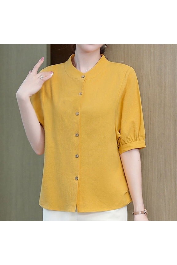 Casual Womens Button Down Shirts Short Sleeve Crew Neck Solid Tops Loose Cotton Linen Women's Blouses