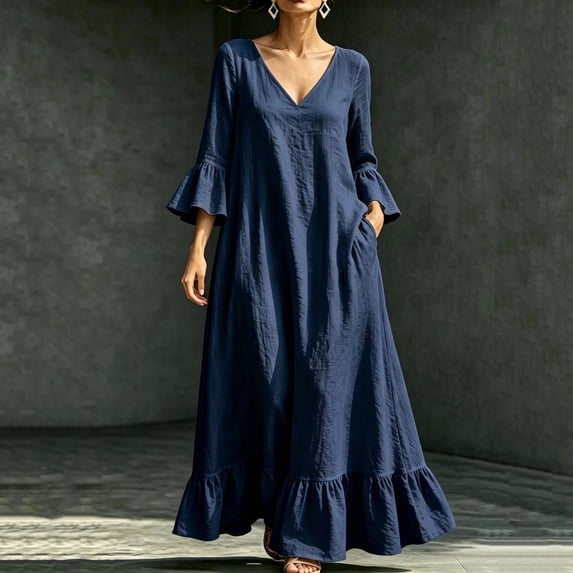QUNYINEY Casual Womens Dresses Maxi 3/4 Sleeve Blue Flowy A Line Dress with Pockets Vacation V Neck Loose Fit Dresses