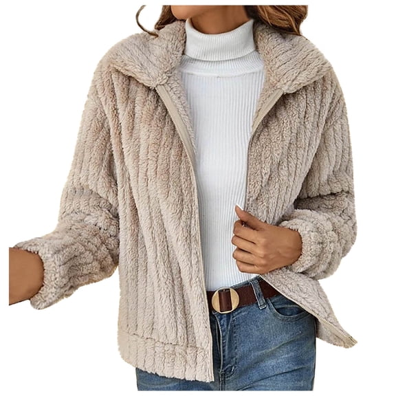 QUNYINEY Casual Womens Jackets Zip Up Solid Fluffy Brown Lightweight Jacket Lapel Collar Short Loose Long Sleeve Warm Hoodless Coats