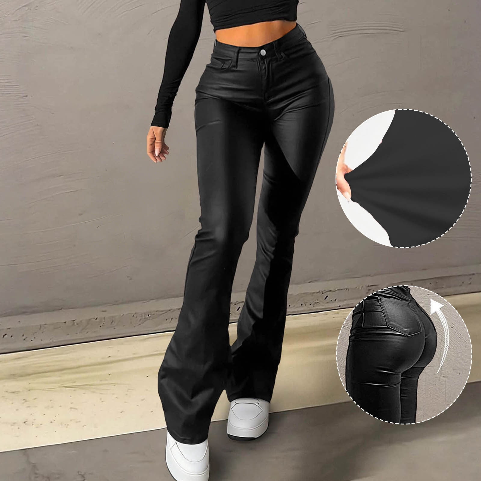 QUNYINEY Casual Womens Leggings Black Faux Leather Tummy Control Jegging Skinny with Pockets Flare Leggings