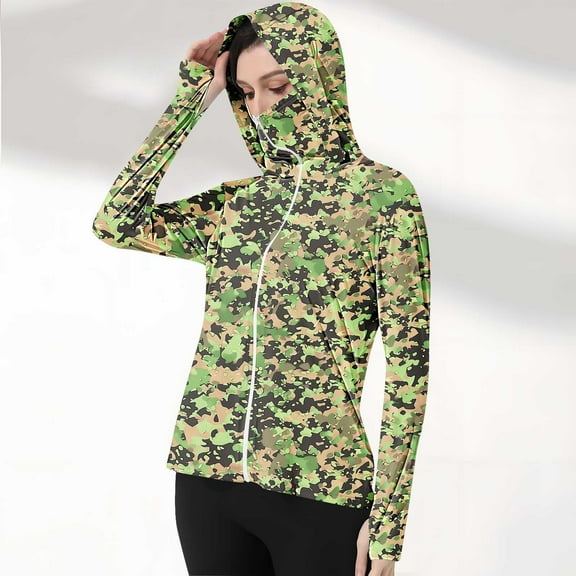 QUNYINEY Casual Womens Lightweight Jackets Camouflage Zip Up Hooded Coats Loose Thumb Holes with Pockets Sun Protection Jacket
