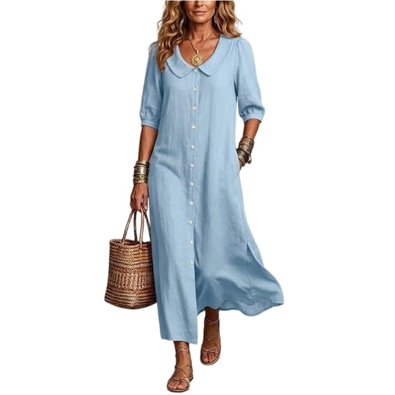 QUNYINEY Casual Womens Plus Size Dresses A Line Puff 3/4 Sleeve Blue Long Shirt Dress Button Down Collared with Pockets Loose Fit Dresses