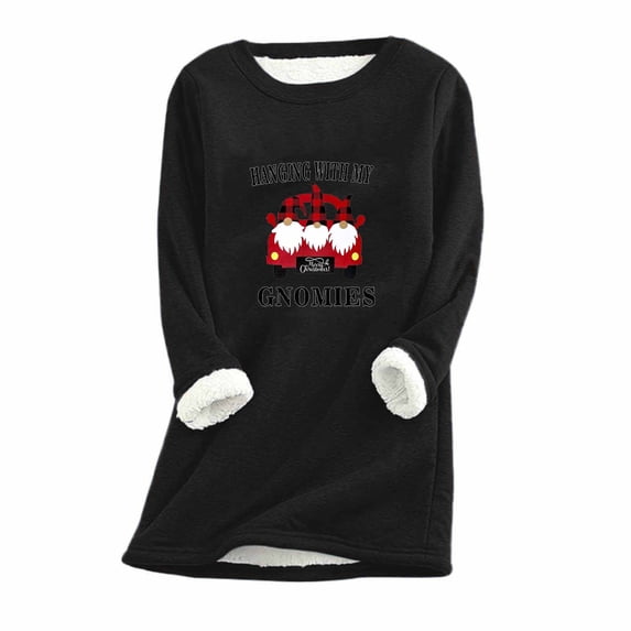 QUNYINEY Casual Womens Shirts Crew Neck Long Sleeve Quotes Black Tops Fleece Warm Pullover Loose Drop Shoulder T-Shirts