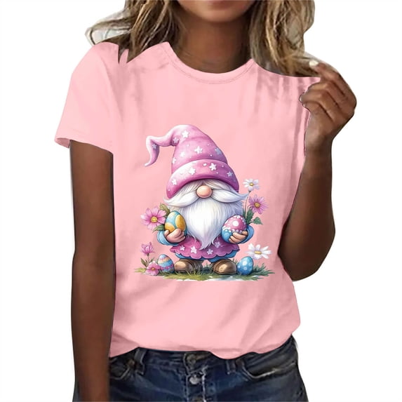 QUNYINEY Casual Womens Shirts Crew Neck Pullover Short Sleeve Easter Tops Loose Womens Tops Trendy