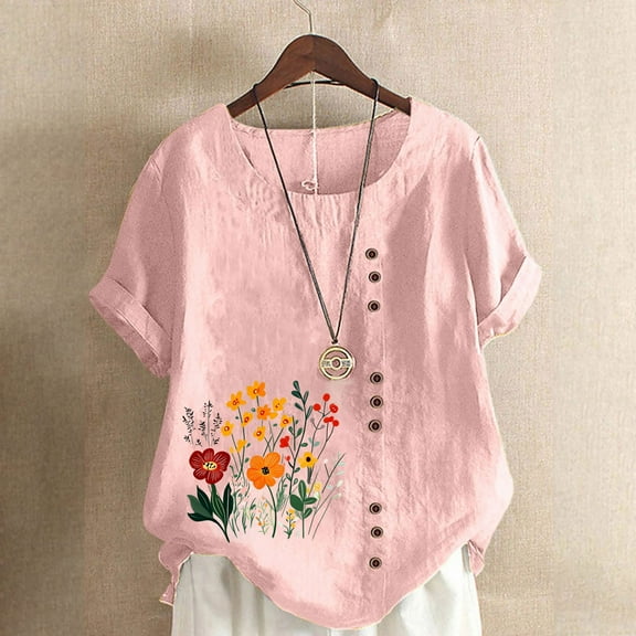 QUNYINEY Casual Womens Shirts Crew Neck Pullover Short Sleeve Floral Tops Button Linen Loose Tops for Women Trendy
