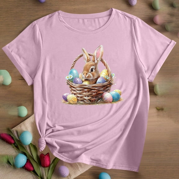 QUNYINEY Casual Womens Shirts Pullover Easter Crew Neck Short Sleeve Tops Loose Women Tops