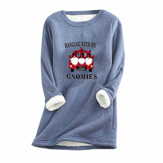 QUNYINEY Casual Womens Shirts Quotes Blue Crew Neck Long Sleeve Tops Warm Loose Pullover Fleece Drop Shoulder T-Shirts