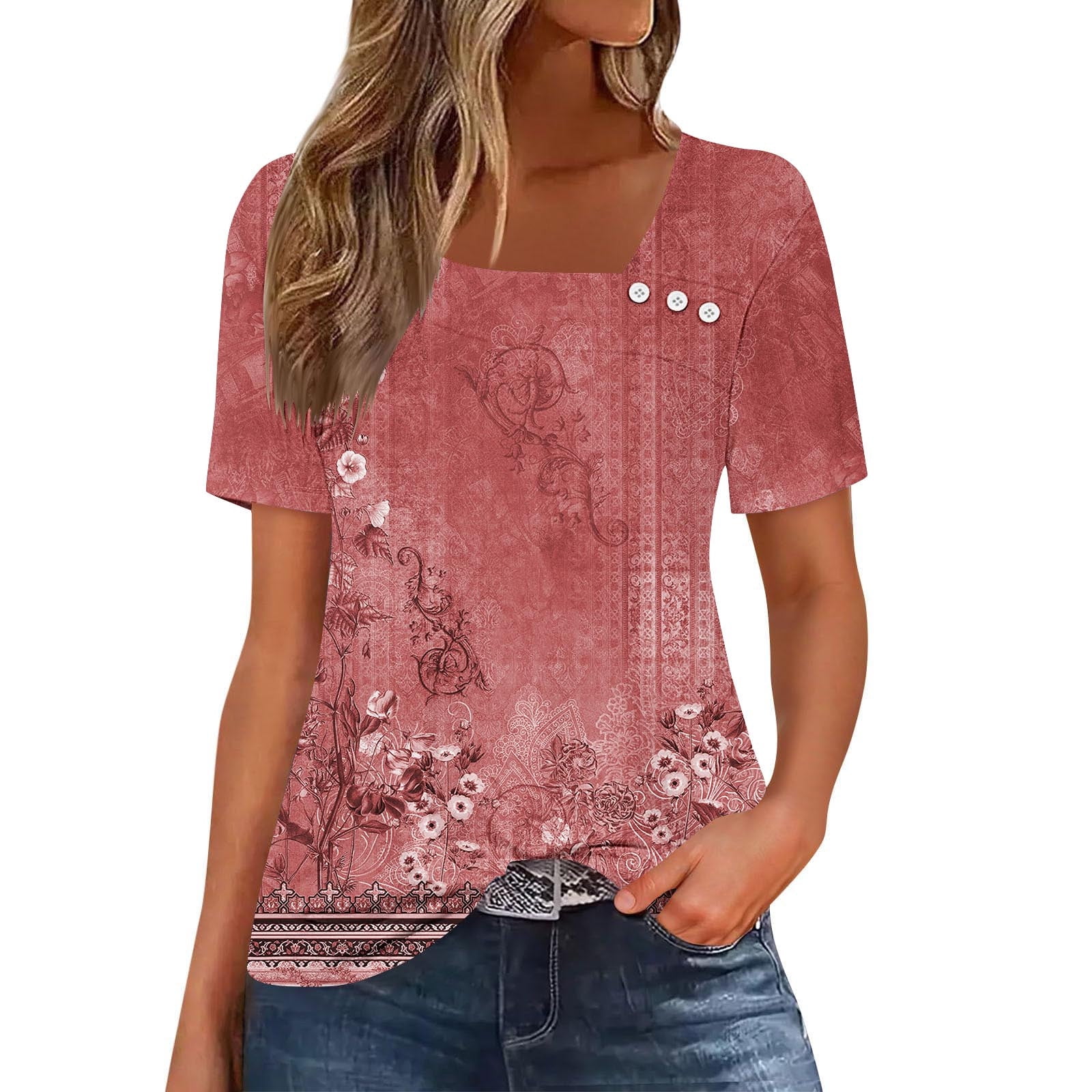 QUNYINEY Casual Womens Shirts Short Sleeve V Neck Floral Tops Loose ...