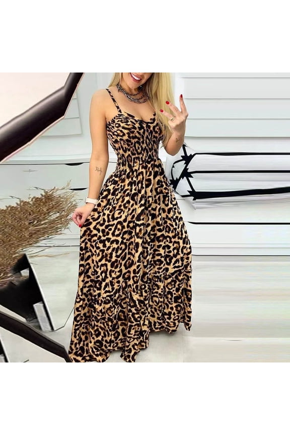 Casual Womens Spring Dresses Sleeveless Leopard Print Slip Dress Flowy Empire Waist V Neck Maxi Sundress