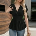 thumbnail image 1 of QUNYINEY Casual Womens Spring Tops Black V Neck Short Sleeve Blouse Summer Loose Knitting Cotton Peplum Tops, 1 of 5