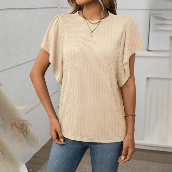 QUNYINEY Casual Womens Spring Tops Solid Short Sleeve Crew Neck Shirts Ribbed Knit Pullover Loose Tops