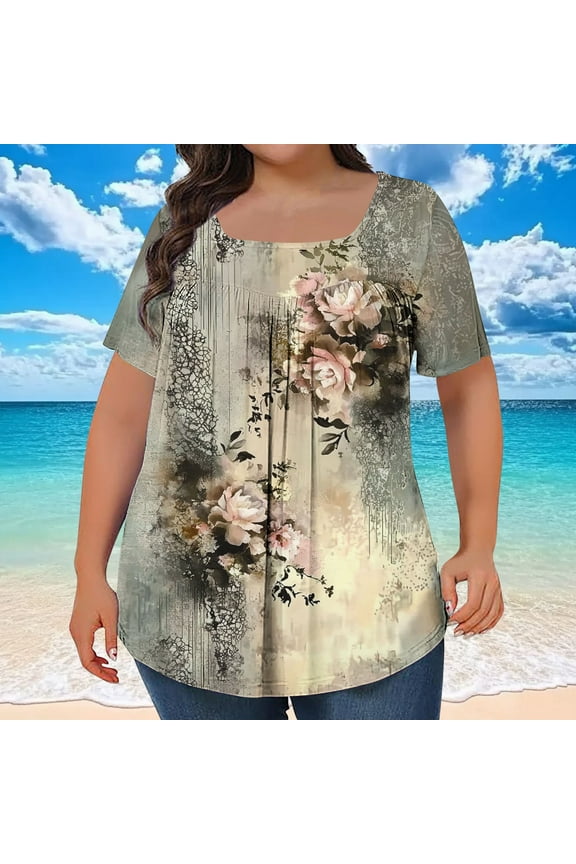Casual Womens Summer Tops Floral Short Sleeve Square Neck Shirts Pleated Plus Size Loose Pullover Womens Shirts