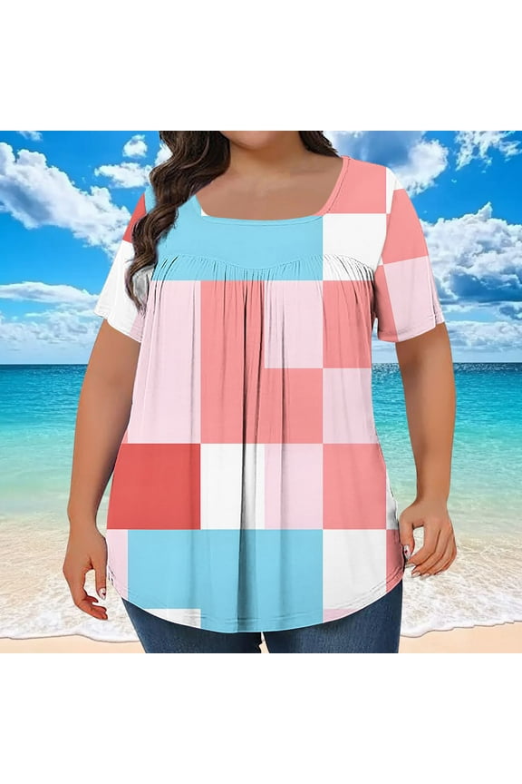 Casual Womens Summer Tops Plaid Square Neck Short Sleeve Shirts Pleated Loose Pullover Plus Size Womens Shirts