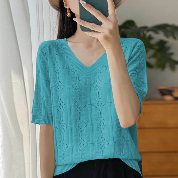 QUNYINEY Casual Womens Summer Tops Short Sleeve V Neck Pullover Jacquard Shirts Knit Loose Shirts for Women