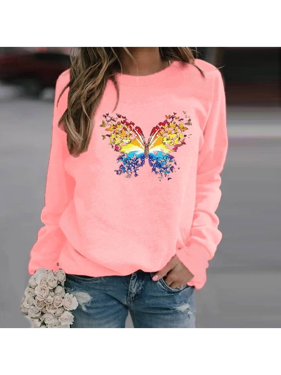 Casual Womens Sweatshirts Crew Neck Long Sleeve Pink Butterfly Tops Drop Shoulder Pullover Loose Sweatshirts