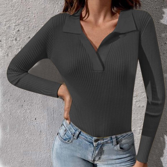QUNYINEY Casual Womens T Shirts Solid V-Neck Long Sleeve Black Tops Pullover Drop Shoulder Ribbed Slim T-Shirts