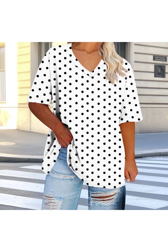 Casual Womens T Shirts V Neck Short Sleeve Polka Dot Tops Plus Size Summer Pullover Loose Womens Tops