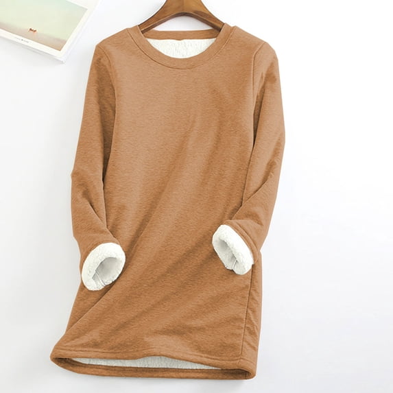 QUNYINEY Casual Womens T Shirts Yellow Crew Neck Long Sleeve Solid Tops Warm Pullover Loose Drop Shoulder Fleece T-Shirts