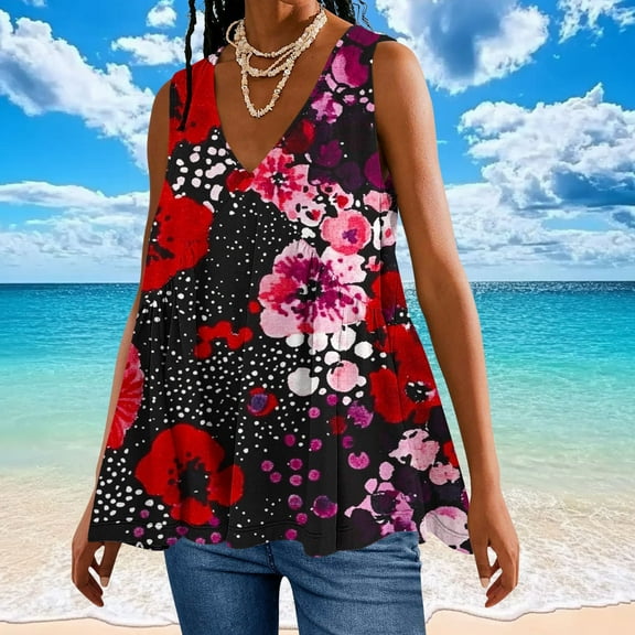 QUNYINEY Casual Womens Tank Top V Neck Floral Camisole Sleeveless Tops Summer Loose Pleated Tank Tops