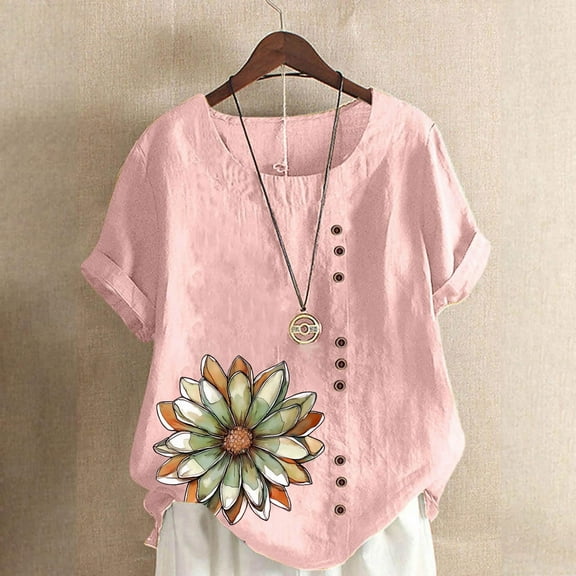 QUNYINEY Casual Womens Tops Floral Crew Neck Short Sleeve Shirts Loose Linen Button Pullover Tops