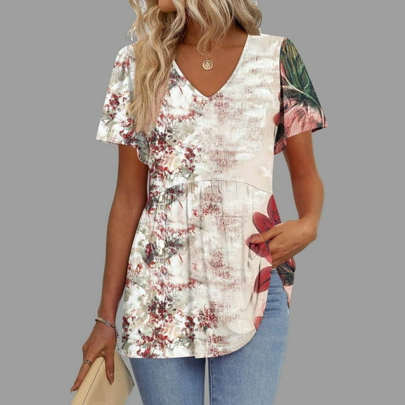 QUNYINEY Casual Womens Tops Floral Short Sleeve V Neck Shirts Loose Peplum Tops
