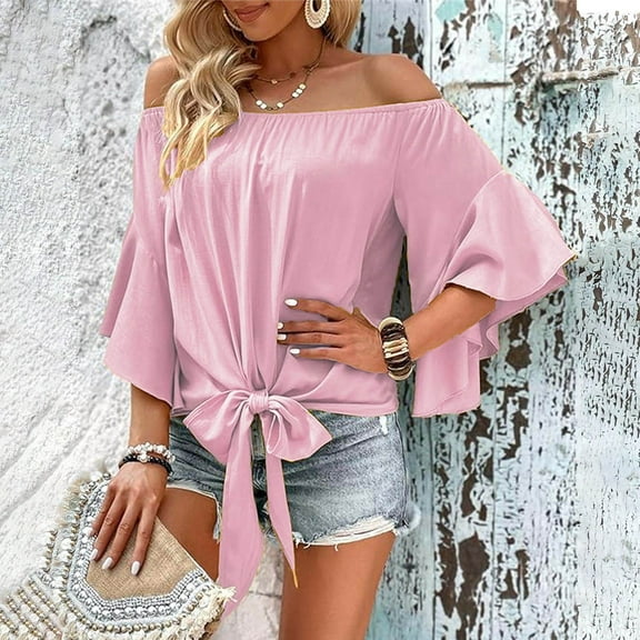 QUNYINEY Casual Womens Tops Short Sleeve Off Shoulder Solid Shirts Tie Front Loose Summer Pullover Women's Shirts