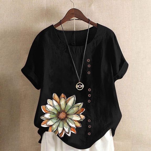 QUNYINEY Casual Womens Tops Trendy Floral Crew Neck Short Sleeve Shirts Button Loose Pullover Linen Tops