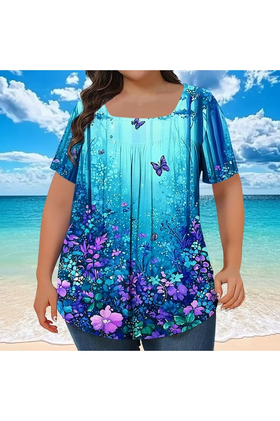 Casual Womens Tops Trendy Floral Short Sleeve Square Neck Shirts Plus Size Pullover Pleated Loose Women Shirts