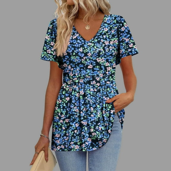 QUNYINEY Casual Womens Tops Trendy Floral Short Sleeve V Neck Shirts Loose Peplum Tops