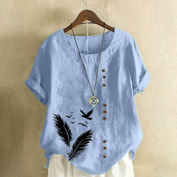 QUNYINEY Casual Womens Tops Trendy Short Sleeve Crew Neck Feather Shirts Pullover Button Loose Linen Tops