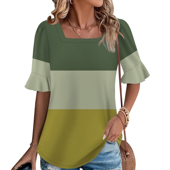 QUNYINEY Casual Womens Tops Trendy Short Sleeve Square Neck Colorblock Shirts Summer Loose Pullover Shirts for Women