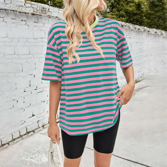 QUNYINEY Casual Womens Tops Trendy Short Sleeve Striped Crew Neck Shirts Cotton Loose Pullover Plus Size Tops
