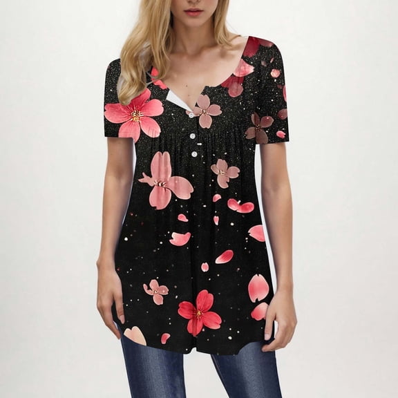 QUNYINEY Casual Womens Tops V Neck Floral Short Sleeve Shirts Peplum Loose Button Tops