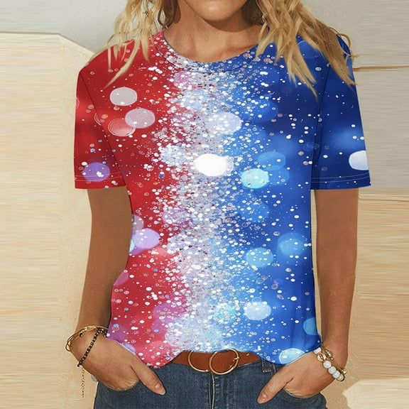 QUNYINEY Casual Womens Tshirts Crew Neck Independence Day Short Sleeve Tops Loose Pullover Shirts