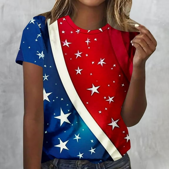 QUNYINEY Casual Womens Tshirts Independence Day Crew Neck Short Sleeve Tops Loose Pullover Shirts
