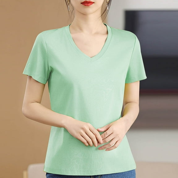 QUNYINEY Casual Womens Tshirts Short Sleeve V Neck Solid Tops Cotton Loose Pullover Breathable Shirts