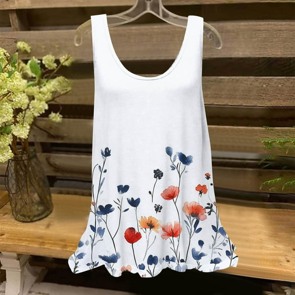 QUNYINEY Chemise Tank Tops for Women Casual Crew Neck Sleeveless Floral Tops Summer Flowy Loose Tank Tops