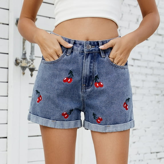 QUNYINEY Cherry Jean Shorts Womens Bermuda Casual Comfort Waist Button with Pockets Slim Shorts