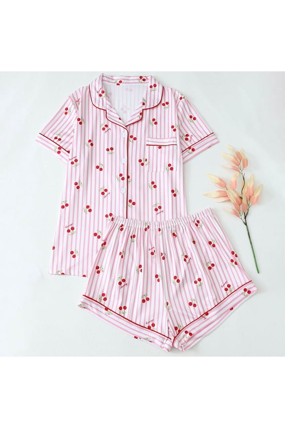 Cherry Women's Pajamas Cute Button Down 2 Piece Loungewear and Shorts Short Sleeve Loose Fit with Pockets Collared Birthday Outfits for Women