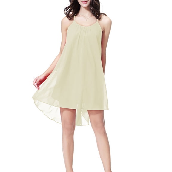 QUNYINEY Chiffon Womens Nightgown Sleeveless Beige Sling House Dress Crew Neck Back Hollowed Out Knee Length Women Sleepwear